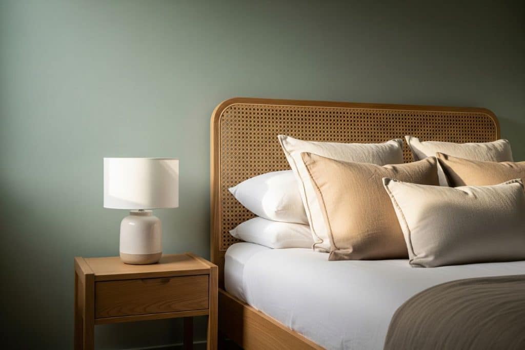 Chambre vert sauge tête de lit rotin bois clair association