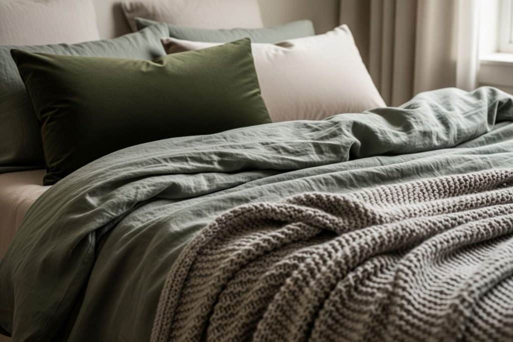 Linge de lit vert sauge lin lavé coussins velours chambre cocooning