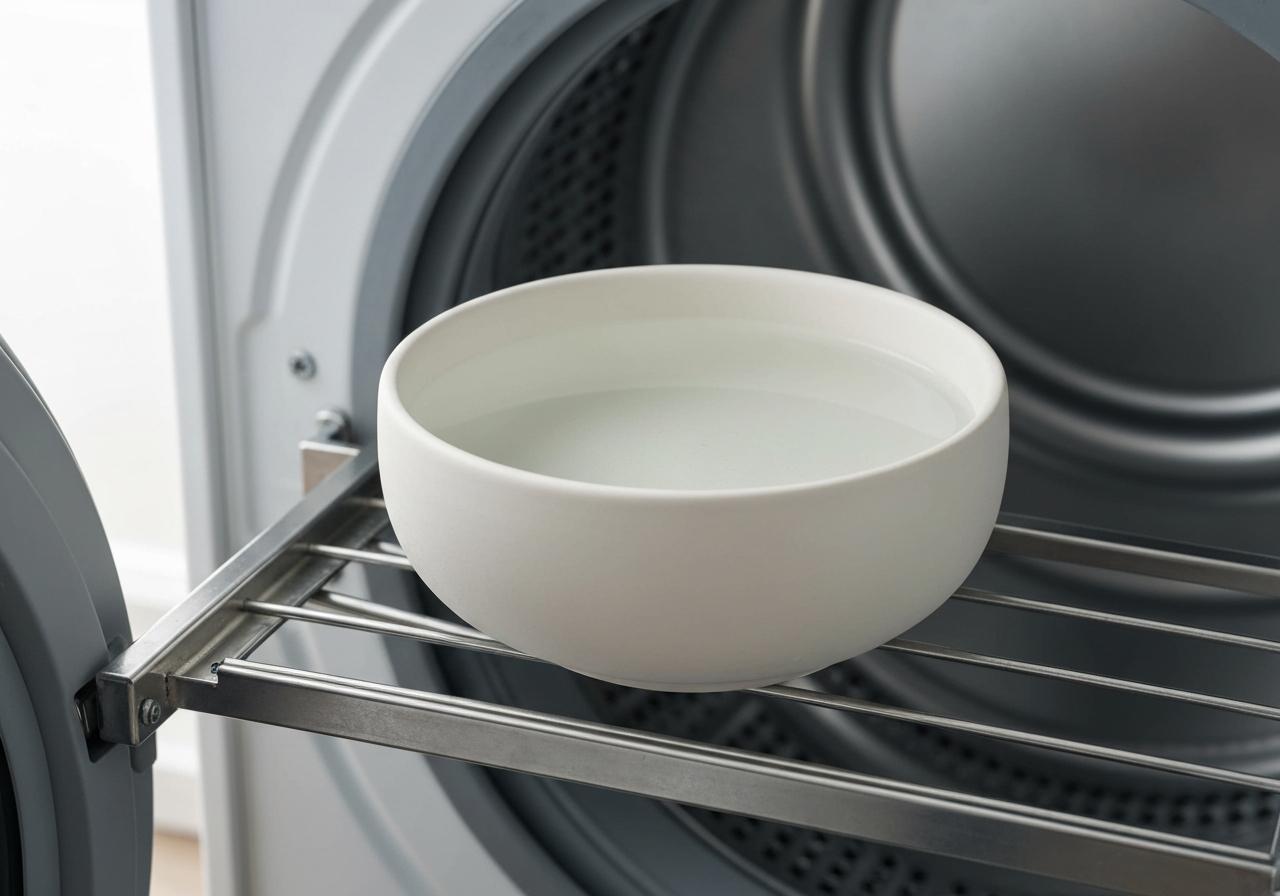 Bol de vinaigre blanc posé sur panier lave-vaisselle