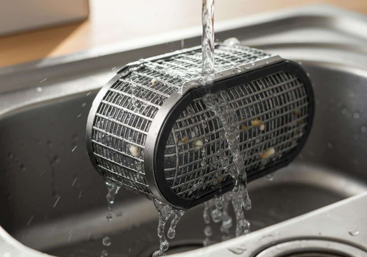 Filtre lave-vaisselle retiré pour nettoyage sous robinet