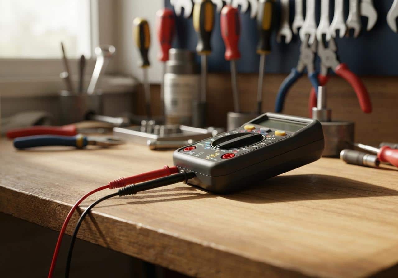 Multimètre numérique posé sur établi atelier réparation électroménager