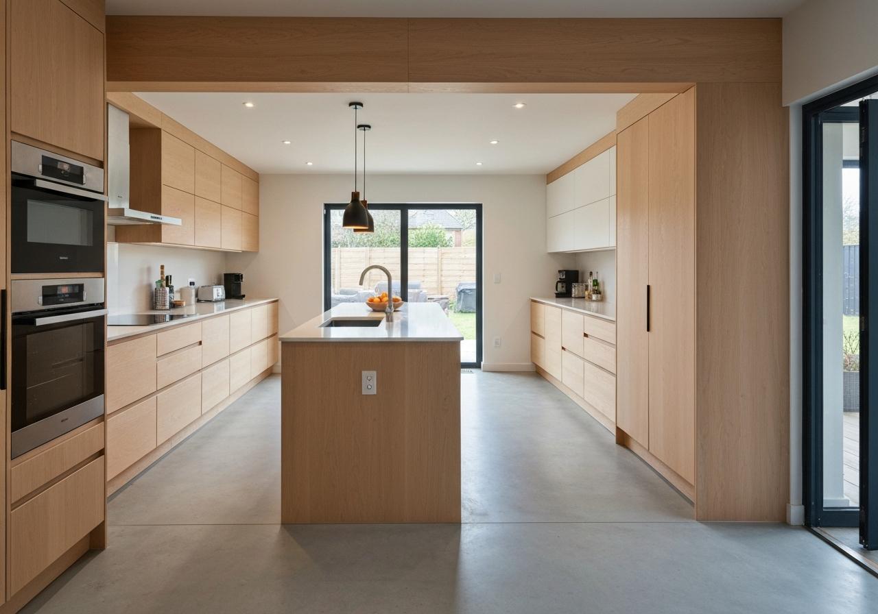 Cuisine moderne en L avec îlot central, finitions bois et noir mat