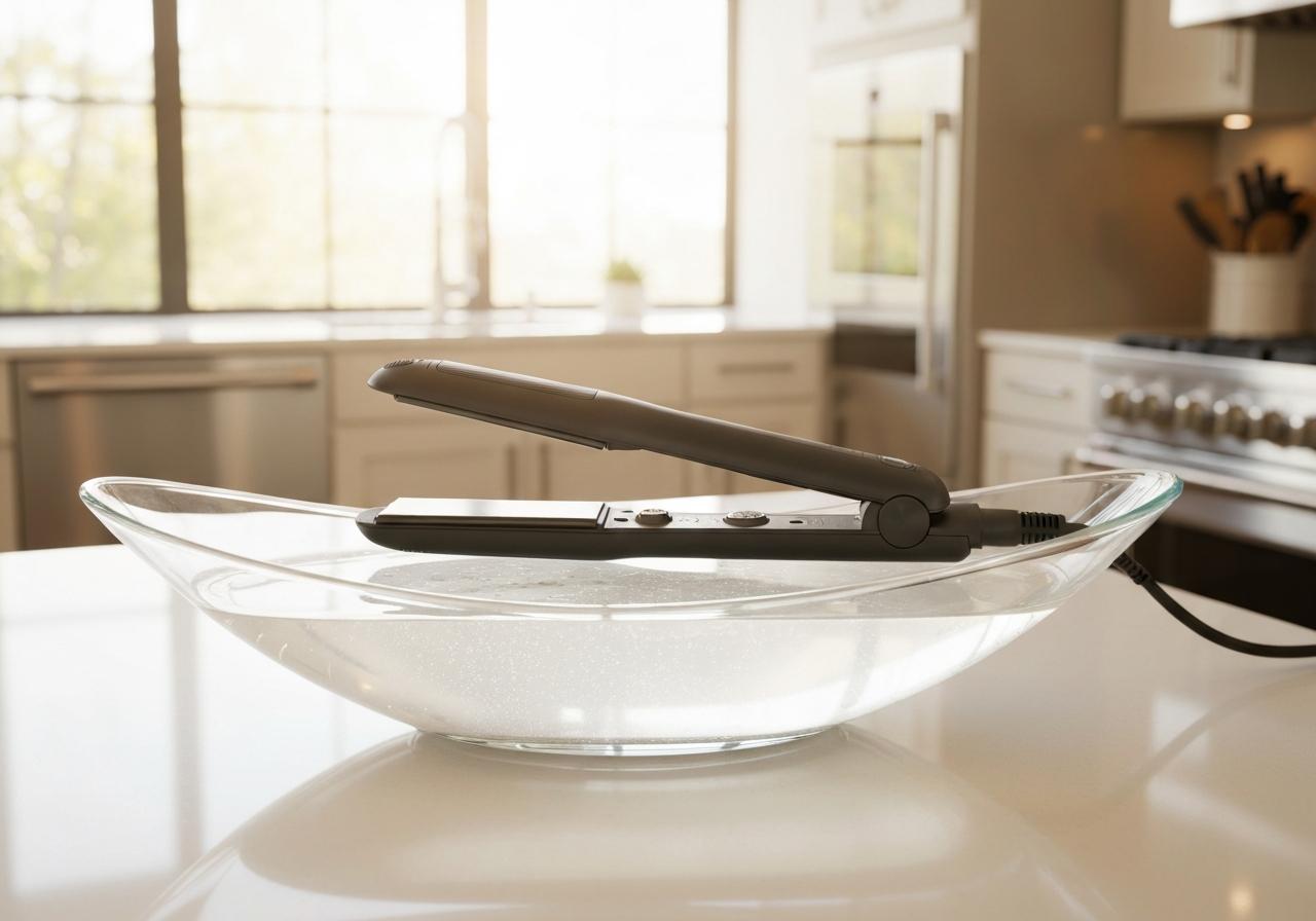 Semelle de centrale vapeur trempant dans vinaigre blanc
