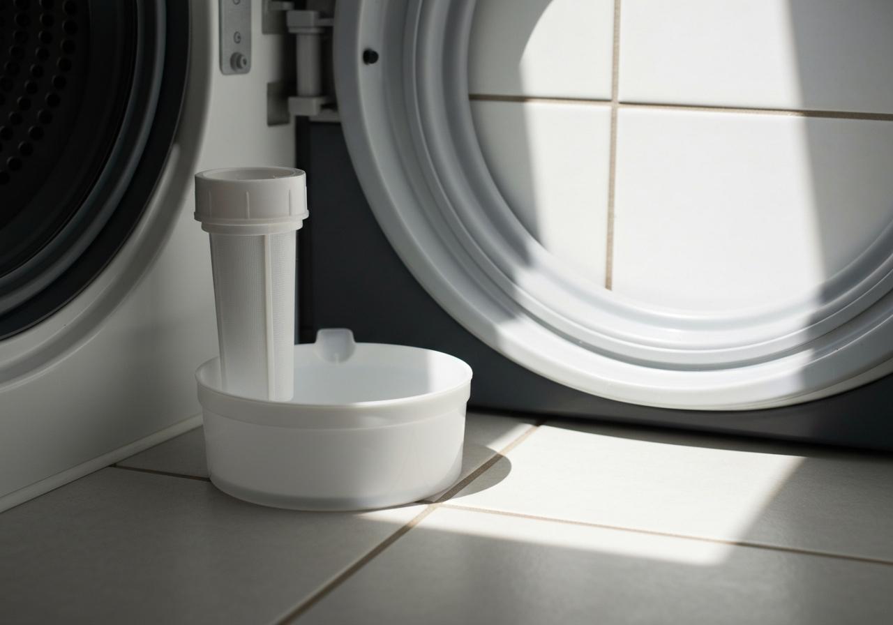 Trappe filtre pompe lave-linge ouverte avec filtre et cuvette
