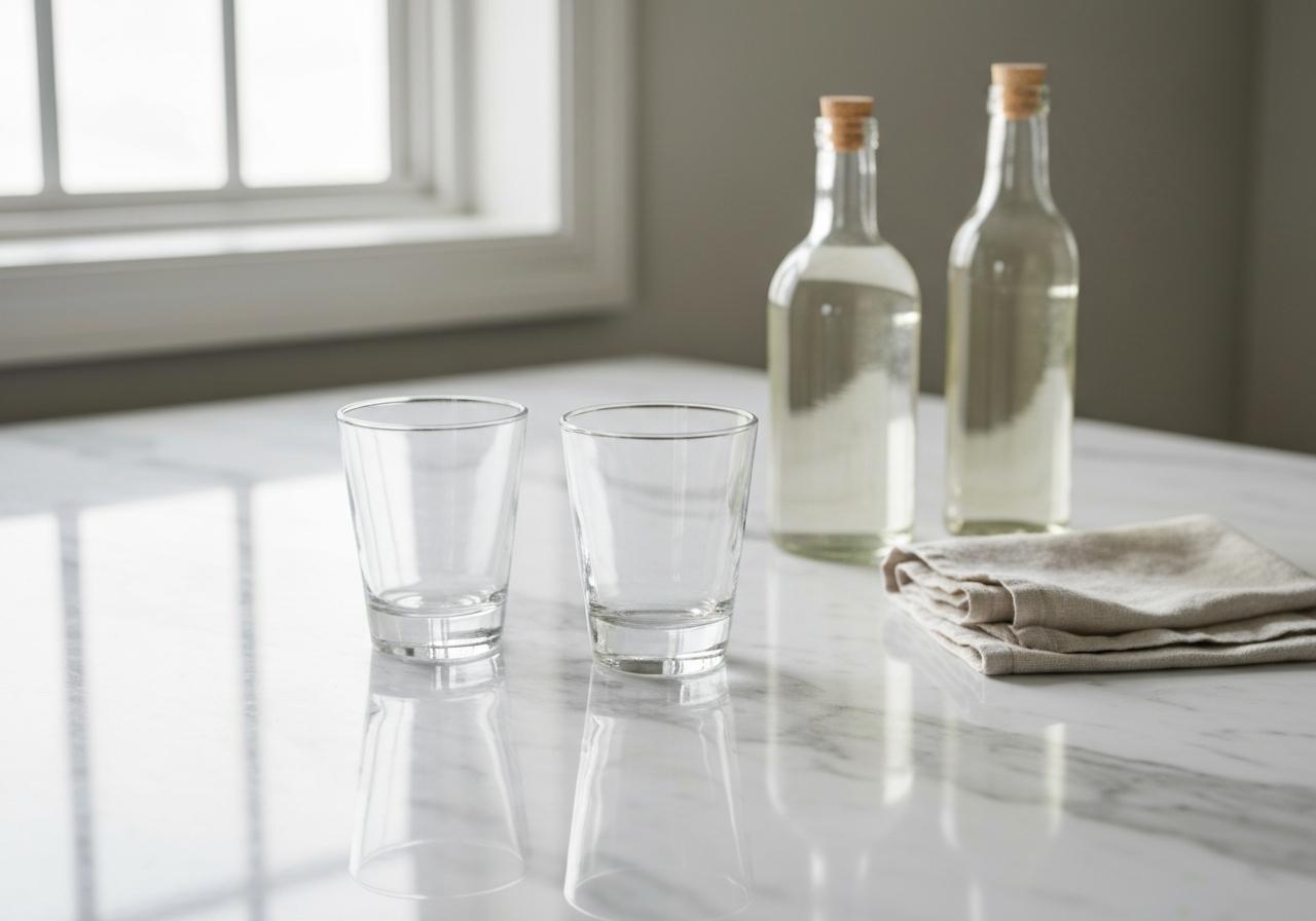 Verres en cristal et bouteille de vinaigre blanc sur plan de travail