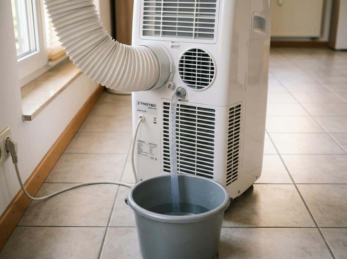 Tuyau de vidange fixé au fond d'un climatiseur mobile