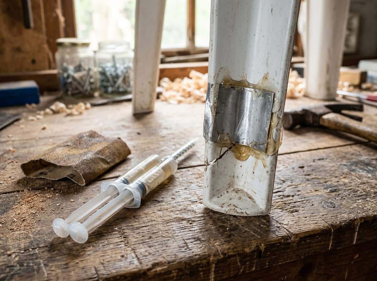 Languette d'aluminium collée à l'époxy sur un pied de chaise