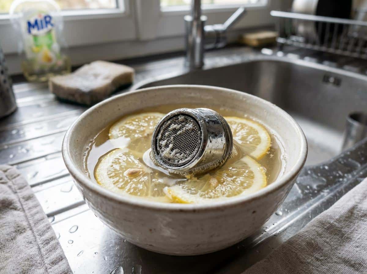 Mousseur de robinet dévissé trempant dans l'eau citronnée
