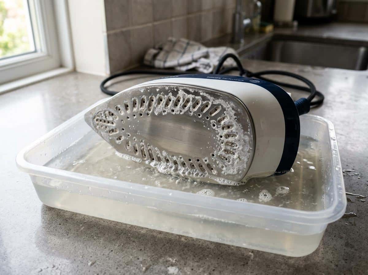 Semelle de fer à vapeur trempant dans un bac de vinaigre dilué
