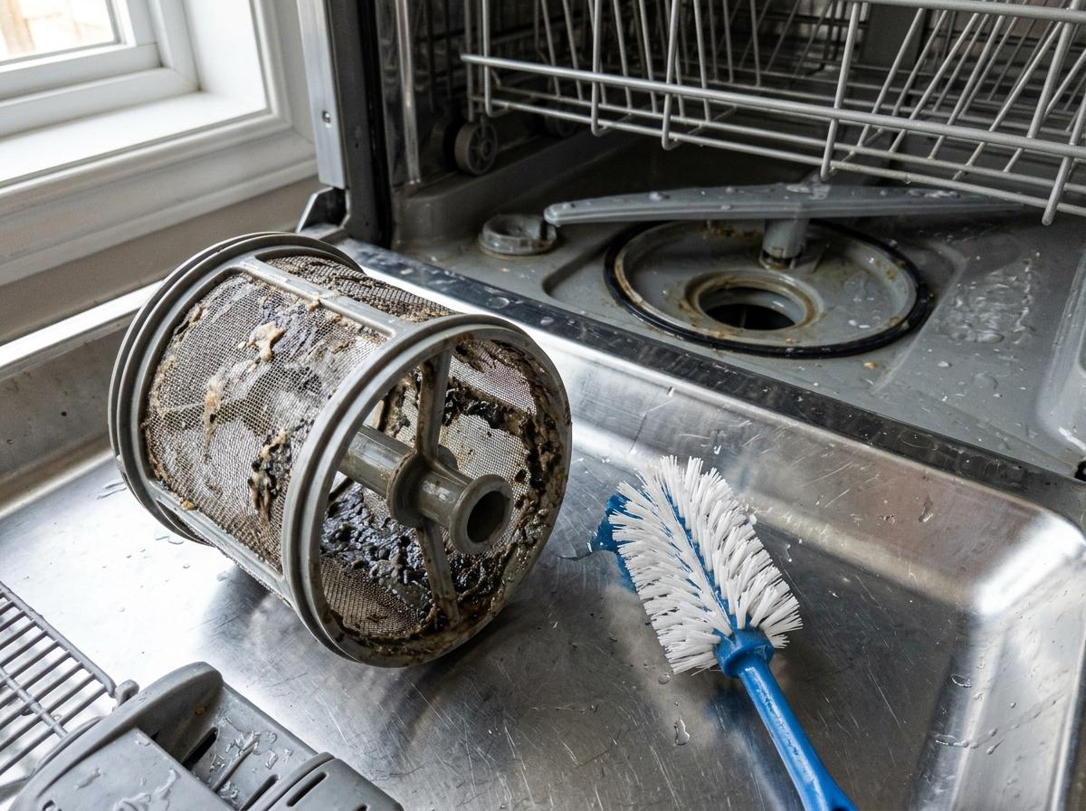 Filtre de lave-vaisselle retiré et brossé au-dessus de l'évier