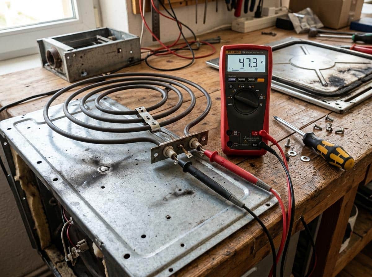 Multimètre mesurant les bornes d'une résistance circulaire de four